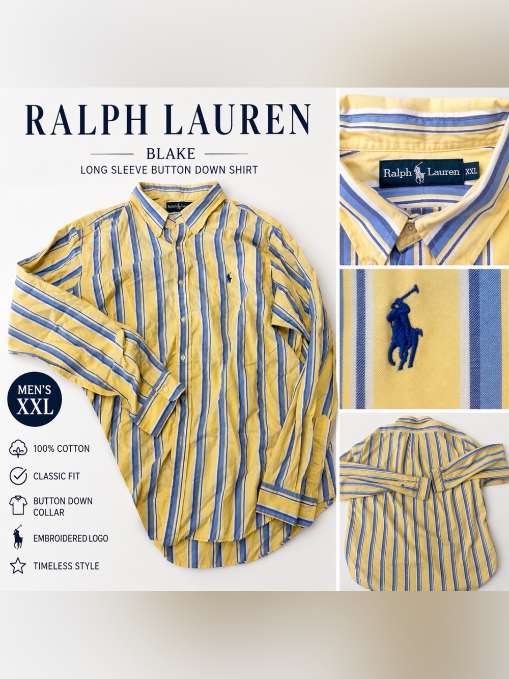 Ralph Lauren Blake Long Sleeve Button-Down Shirt - Yellow/Blue Stripe XXL